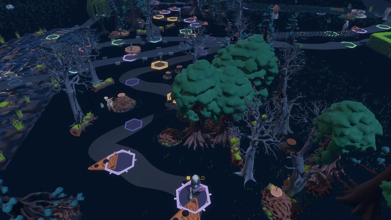 Board mode from the follow camera: the GOLD pawn mid-move on a planchette space along the winding stone path, willows and space rings around it