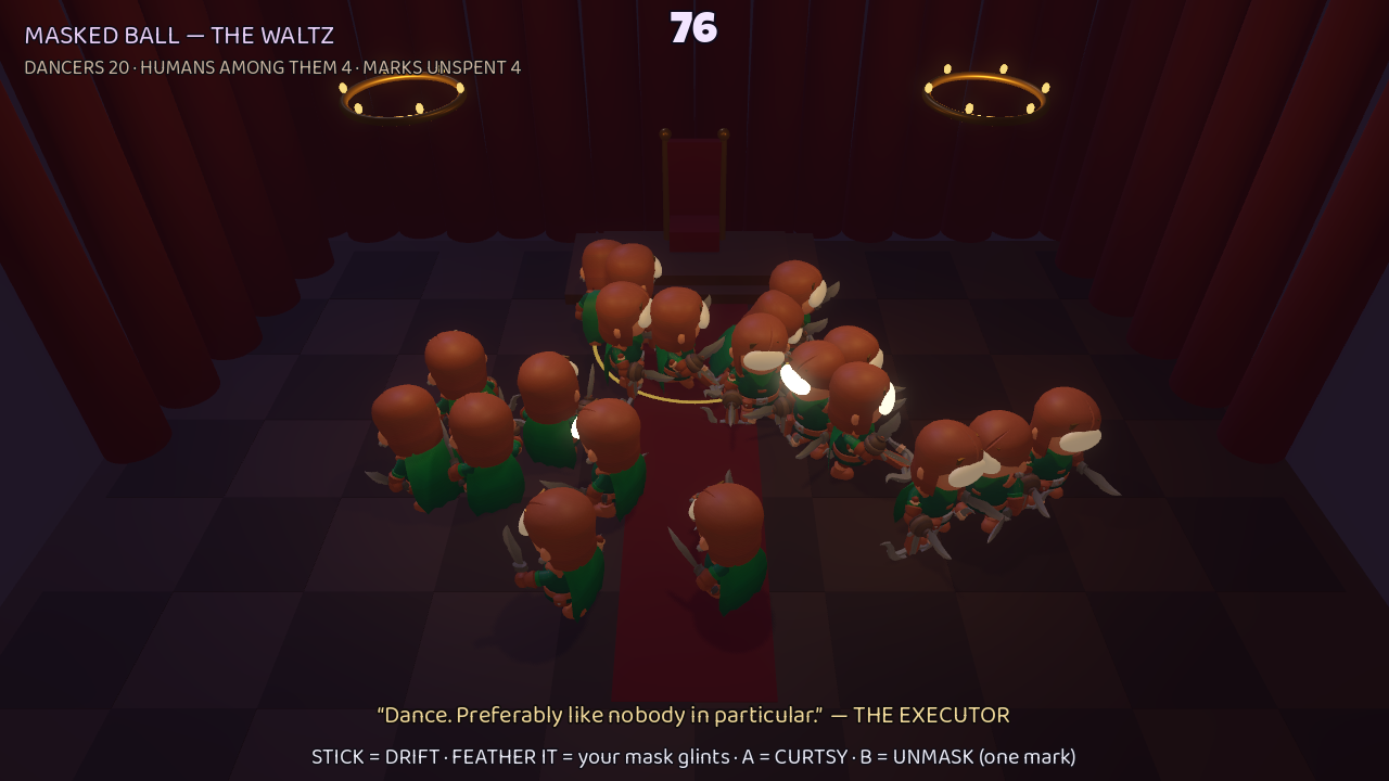 The Masked Ball minigame: a candlelit ballroom of hooded dancers mid-waltz