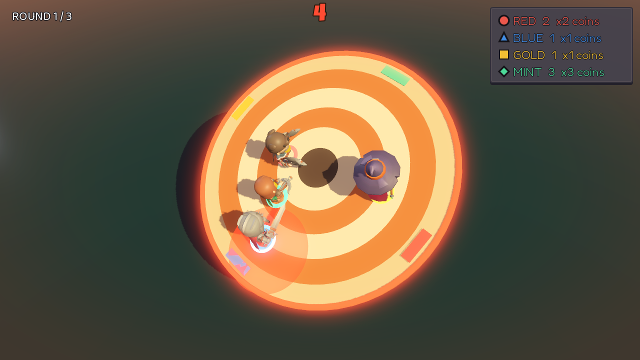 The Tilt minigame: four players jostling for balance on a tilting platter
