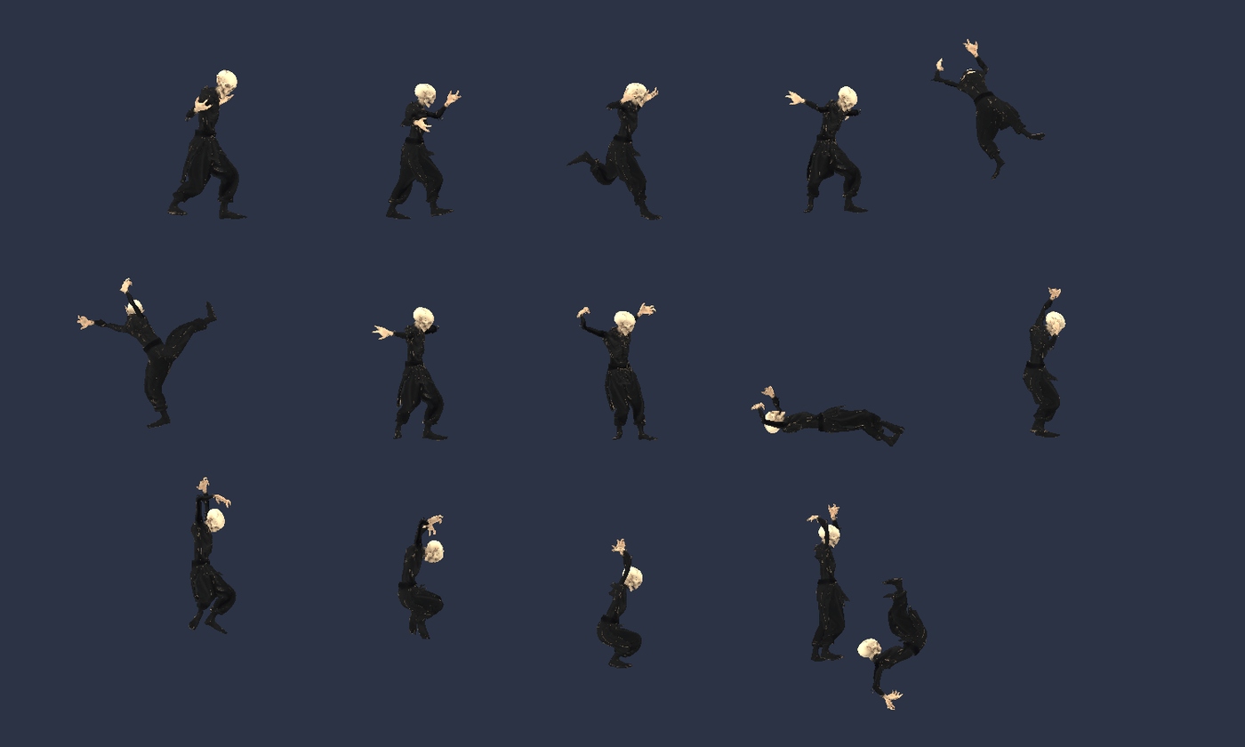 A fifteen-pose animation montage of the Dracula fighter model, including idle, walk, run, jab, aerial, and guard